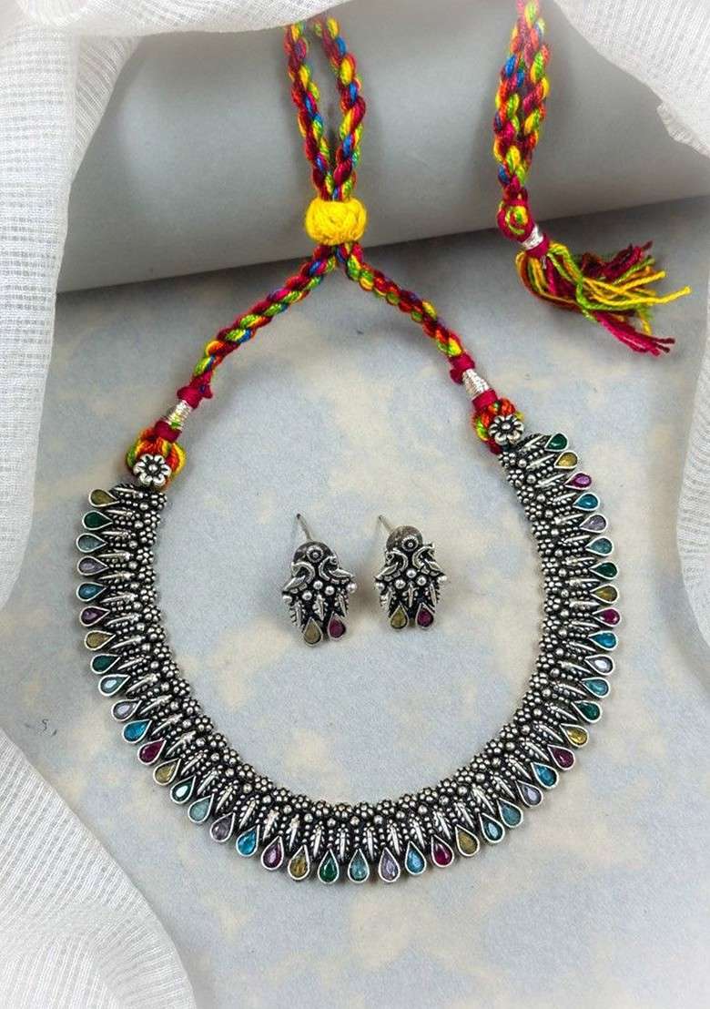 Silver Plated Stone Studded And Oxidised Jewellery Set - Indya