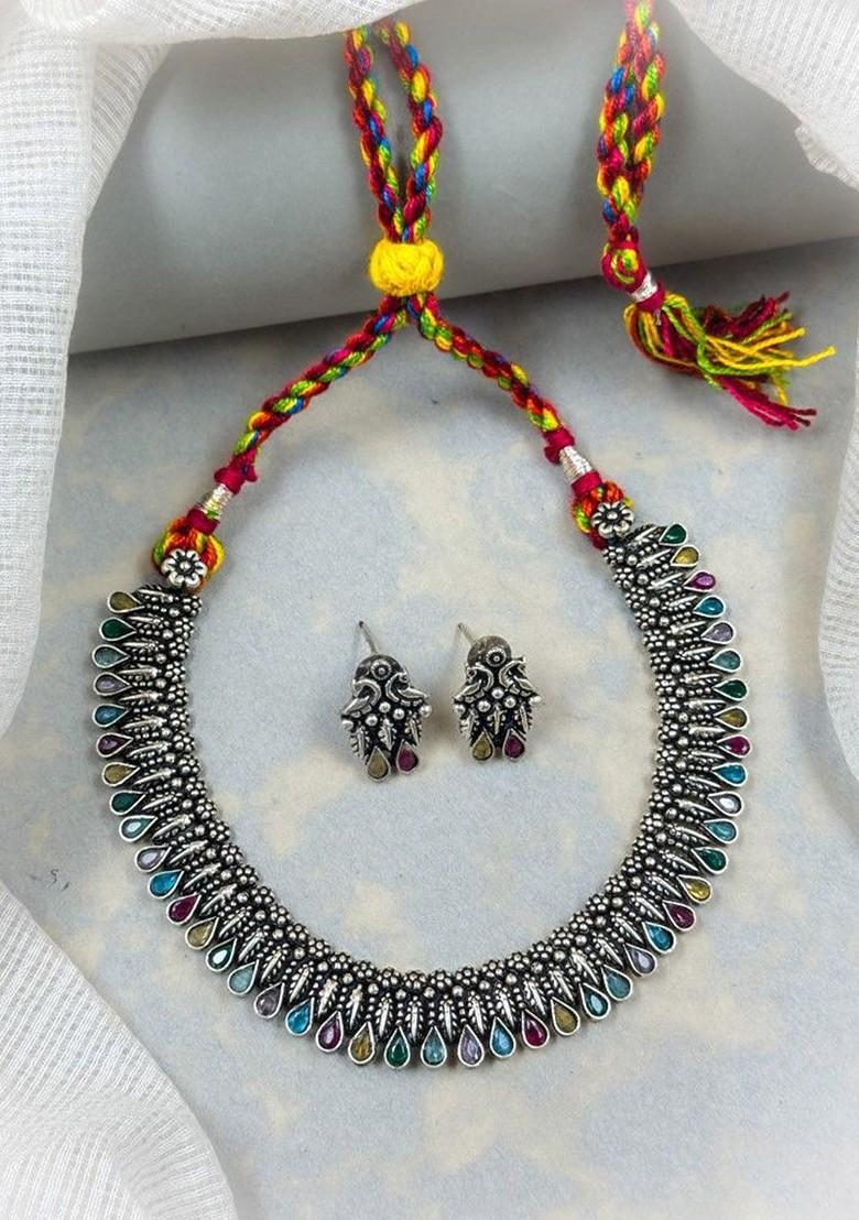 Silver Plated Stone Studded And Oxidised Jewellery Set