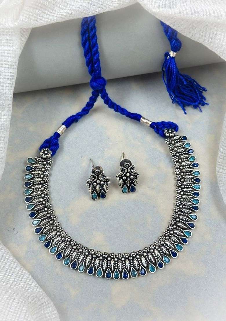 Silver Plated Stone Studded Oxidised Jewellery Set - Indya
