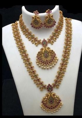 Gold Plated Pink And Green Pota Stone Peacock Necklace Set