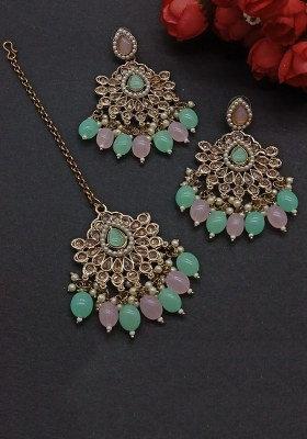 Gold Plated Crystal Stone Dangler Earrings With Maangtikka