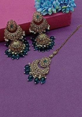 Gold Plated Crystal Stone Jhumki Earrings With Maangtikka