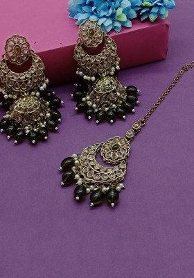 Gold Plated Crystal Stone Jhumki Earrings With Maangtikka
