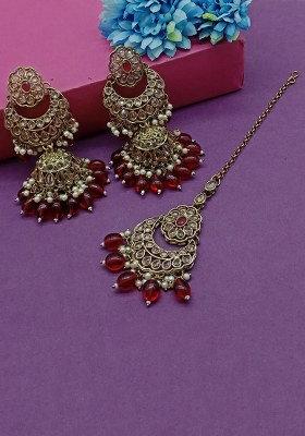 Gold Plated Crystal Stone Jhumki Earrings With Maangtikka