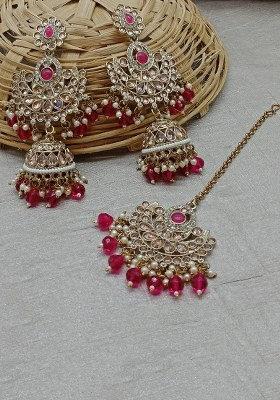 Gold Plated Crystal Stone Jhumki Earrings With Maangtikka