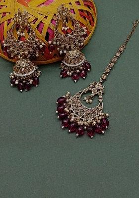 Gold Plated Crystal Stone Jhumki Earrings With Maangtikka