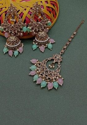 Gold Plated Crystal Stone Jhumki Earrings With Maangtikka