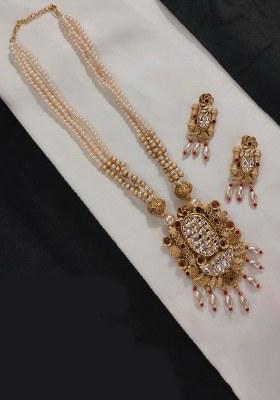 Gold Plated Pota Stone And Beads Long Necklace Set