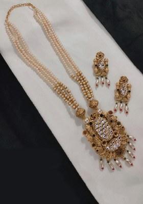 Gold Plated Pota Stone And Beads Long Necklace Set
