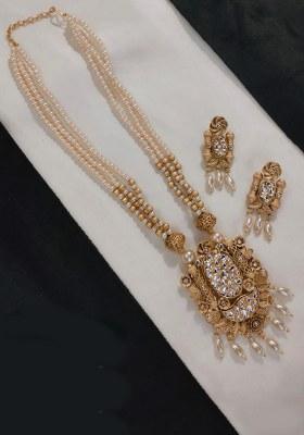 Gold Plated Pota Stone And Beads Long Necklace Set