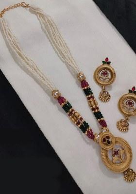 Gold Plated Pota Stone And Beads Long Necklace Set
