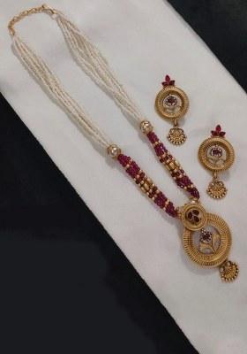 Gold Plated Pota Stone And Beads Long Necklace Set