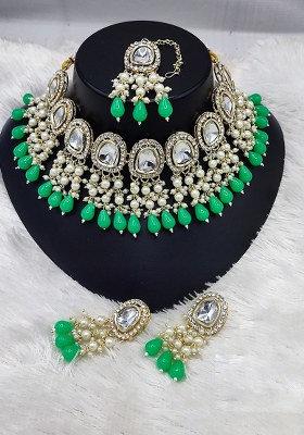 Gold Plated Kundan Stone And Beads Choker Necklace Set