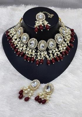 Gold Plated Kundan Stone And Beads Choker Necklace Set