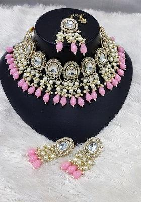 Gold Plated Kundan Stone And Beads Choker Necklace Set
