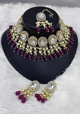 Gold Plated Kundan Stone And Beads Choker Necklace Set