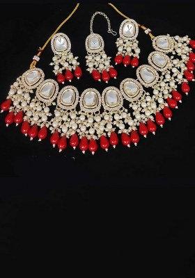 Gold Plated Kundan Stone And Beads Choker Necklace Set