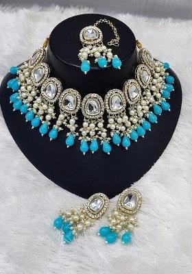 Gold Plated Kundan Stone And Beads Choker Necklace Set