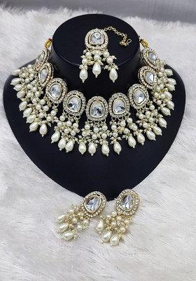 Gold Plated Kundan Stone And Beads Choker Necklace Set