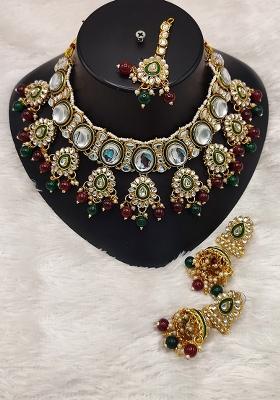 Gold Plated Kundan Stone Pearls And Meenakari Choker Necklace Set
