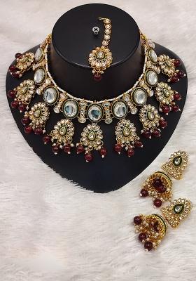 Gold Plated Kundan Stone Pearls And Meenakari Choker Necklace Set