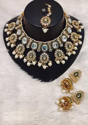 Gold Plated Kundan Stone Pearls And Meenakari Choker Necklace Set