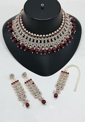 Gold Plated Austrian Stone And Beads Choker Necklace Set