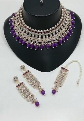 Gold Plated Austrian Stone And Beads Choker Necklace Set