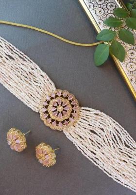 Gold Plated Cz Crystal Pendant Pearl Choker Necklace And Earrings Set For Women (Ml312Pi)