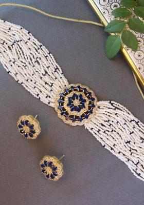 Gold Plated Cz Crystal Pendant Pearl Choker Necklace And Earrings Set For Women (Ml312Bl)