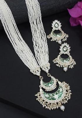 Gold Plated Meenakari Kundan And Pearl Drop Long Necklace And Earrings Set For Women (Ml297G)