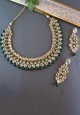 18K Gold Plated Traditional Kundan And Pearls Choker Necklace Jewellery Set With Earrings For Women And Girls(Ij362G)