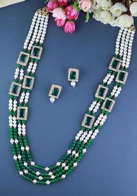 Gold Plated Traditional Stone Studded Multi Strand Long Pearl Necklace Jewellery With Stud Earrings Set For Women/Girls (Green)