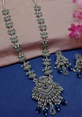 Oxidised Plated Pota Stone Long Necklace Set