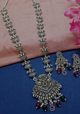 Oxidised Plated Pota Stone Long Necklace Set