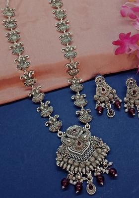 Oxidised Plated Pota Stone Long Necklace Set
