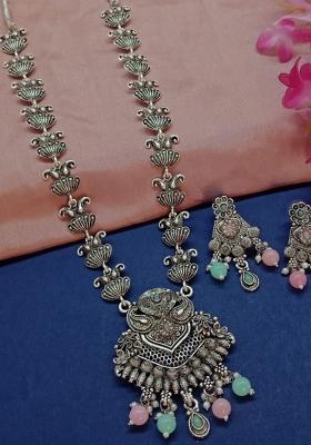 Oxidised Plated Pota Stone Long Necklace Set