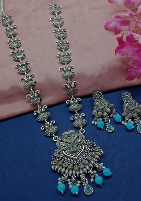 Oxidised Plated Pota Stone Long Necklace Set