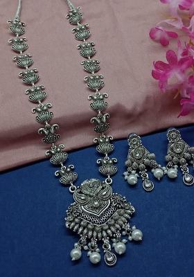 Oxidised Plated Pota Stone Long Necklace Set