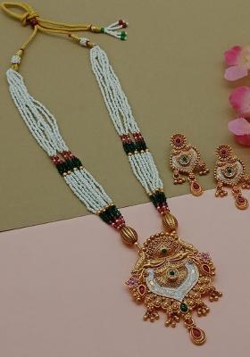 Gold Plated Pota Stone Pearl Long Necklace Set
