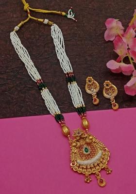 Gold Plated Pota Stone Pearl Long Necklace Set