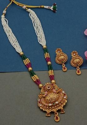 Gold Plated Pota Stone Pearl Long Necklace Set