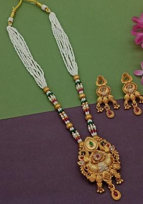 Gold Plated Pota Stone Pearl Long Necklace Set