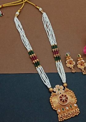 Gold Plated Pota Stone Pearl Long Necklace Set