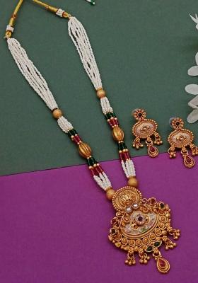 Gold Plated Pota Stone Pearl Long Necklace Set