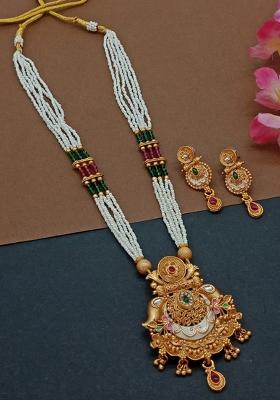Gold Plated Pota Stone Pearl Long Necklace Set
