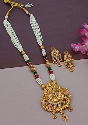 Gold Plated Pota Stone Pearl Long Necklace Set