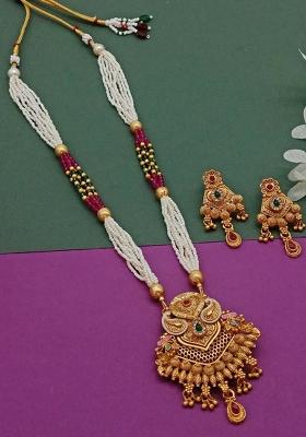 Gold Plated Pota Stone Pearl Long Necklace Set
