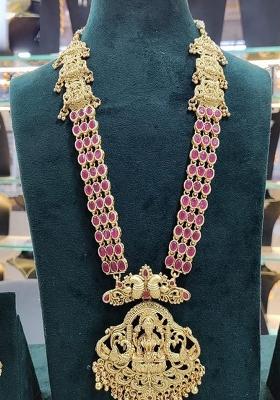 Gold Plated Pota Stone Temple Long Necklace Set