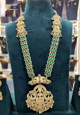 Gold Plated Pota Stone Temple Long Necklace Set